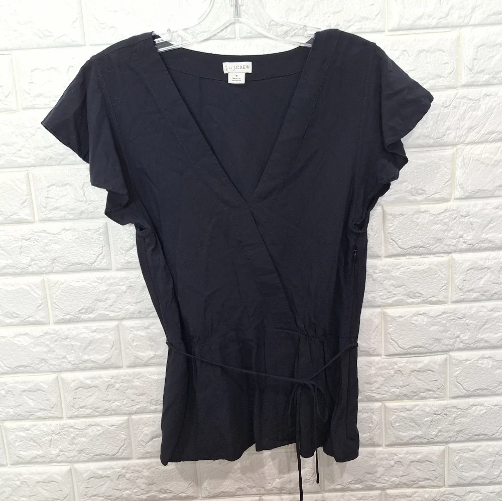 J. CREW Black Flutter Sleeve Peplum Top with Belt